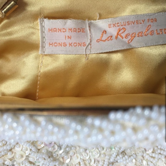 Vintage 60s La Regale White Beaded Sequin Evening Bag Purse 8" Frame Cocktail - Picture 7 of 8